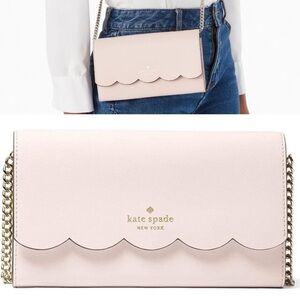 Kate Spade Gemma scalloped wallet on chain crossbody rose smoke blush pink